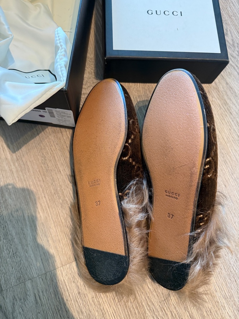 Gucci Brown Velvet Fur Slide Loafers with Gold Horsebit - Picture 2 of 3